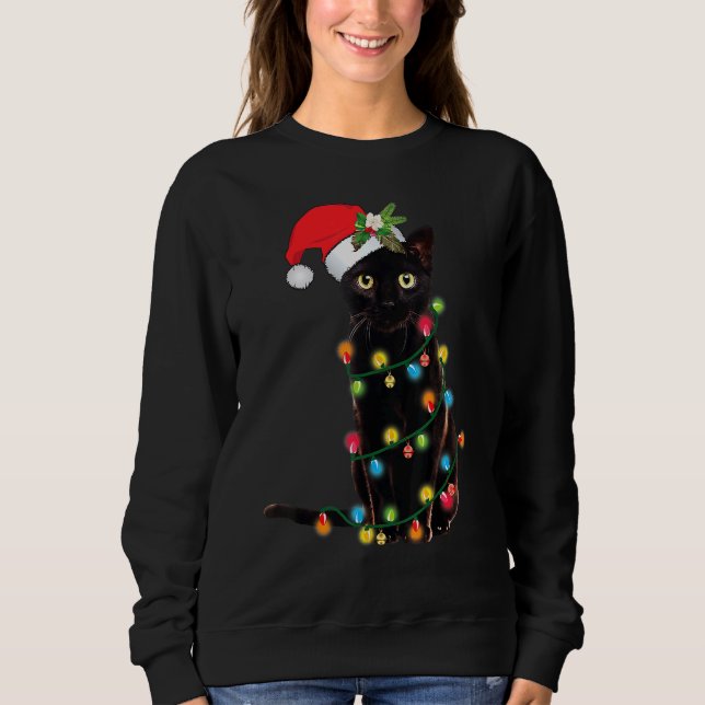 Santa Cat Tangled Up In Christmas Tree Lights Holi Sweatshirt (Front)