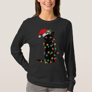 Santa Cat Tangled Up In Christmas Tree Lights Holi T-Shirt
