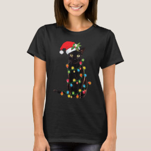 Santa Cat Tangled Up In Christmas Tree Lights Holi T-Shirt