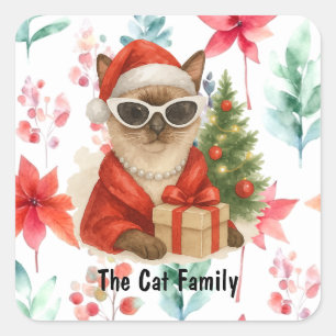 Santa Cat wear Sunglasses holds Christmas gift Square Sticker
