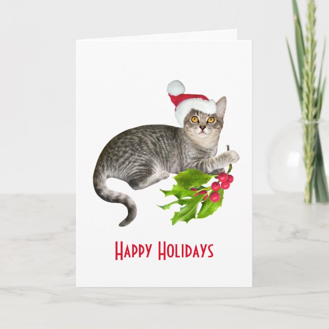 Santa Cat with Holly Holiday Card (Front)