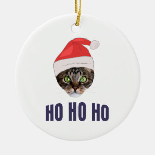 Santa Cat with Santa hat, Ho Ho ho Invitation Squa Ceramic Tree Decoration