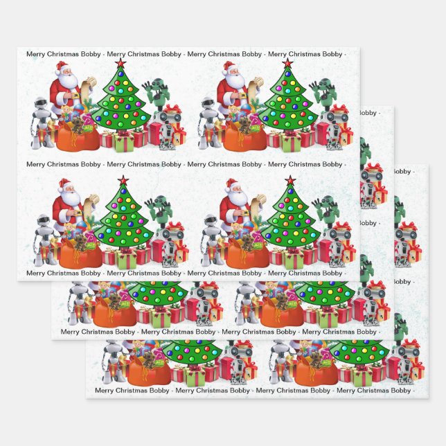 Santa Checking for ROBOTS add Child's Name 3 Wrapping Paper Sheet (Set)