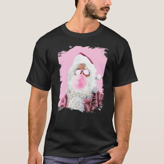 Santa Chewing Pink Bubble Gum Christmas T-Shirt (Front)
