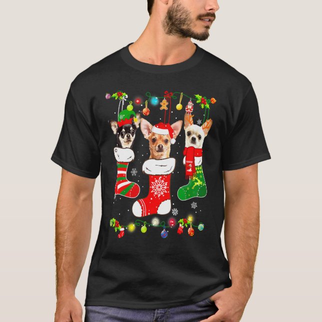 Santa Chihuahua Puppy Christmas Lights Socks Xmas  T-Shirt (Front)