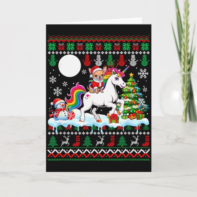 Santa Chihuahua Riding Unicorn Sweater Christmas O Card (Front)