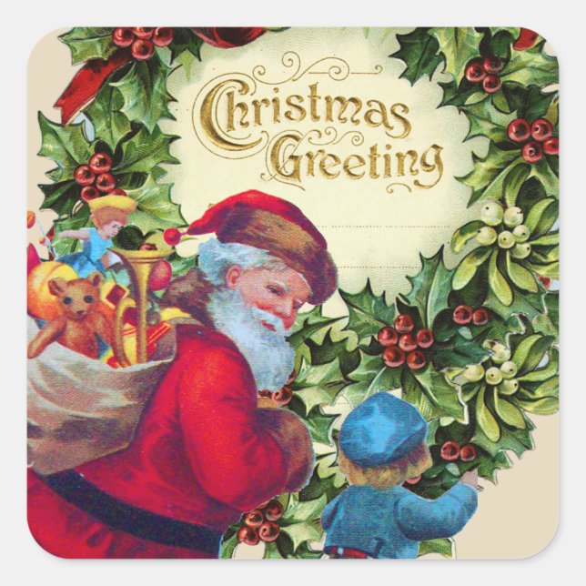 SANTA,CHILD,CHRISTMAS CROWN,HOLLYBERRY,MISTLETOES SQUARE STICKER (Front)