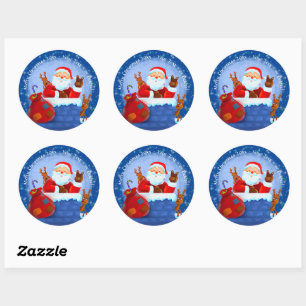 Santa Chimney Reindeer Sack Add Year Text Blue Classic Round Sticker