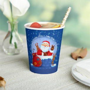 Santa Chimney Reindeer Sack Add Year Text Blue Paper Cups