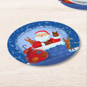 Santa Chimney Reindeer Sack Add Year Text Blue Round Paper Coaster