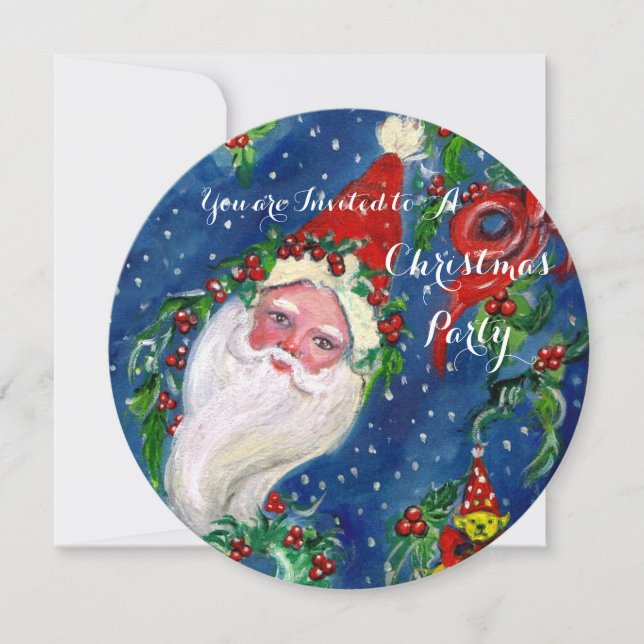 SANTA,CHRISTMAS CROWNS,HOLLYBERRIES HOLIDAY PARTY INVITATION (Front)