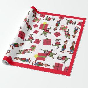 Santa Christmas Elves red glossy wrapping paper