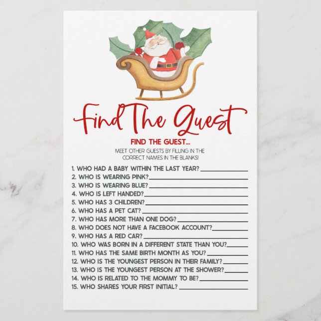 Santa Christmas Find The Guest Baby Shower Game Stationery (Front)