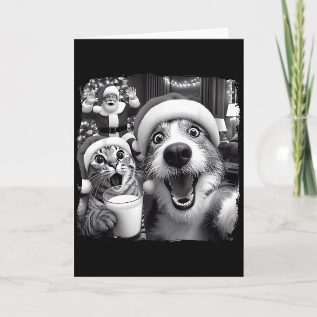 Santa Christmas Funny Cat Taking Selfie Racoon Xma Card (Front)