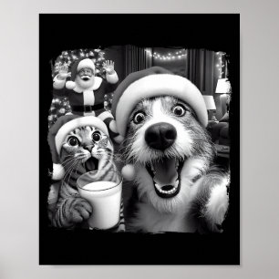 Santa Christmas Funny Cat Taking Selfie Racoon Xma Poster