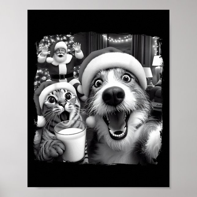 Santa Christmas Funny Cat Taking Selfie Racoon Xma Poster (Front)