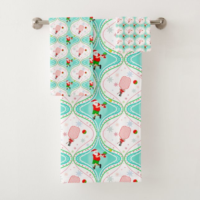 Santa Christmas Pickleball Ogee Pattern Round Bath Towel Set (Insitu)