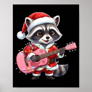 Santa Christmas Raccoon Playing Nk Guitar  Poster