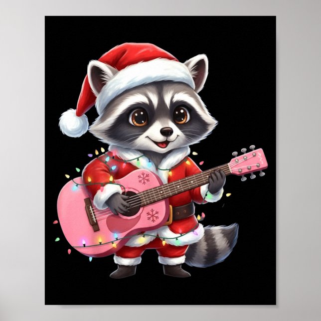 Santa Christmas Raccoon Playing Nk Guitar  Poster (Front)