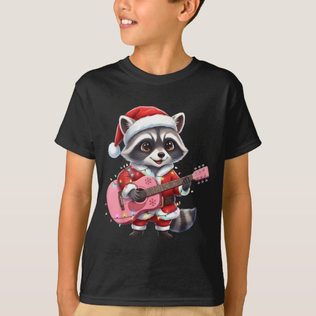 Santa Christmas Raccoon Playing Nk Guitar  T-Shirt (Front)