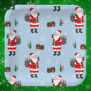 Santa Christmas Red Wine Festive Holiday Party Paper Plate