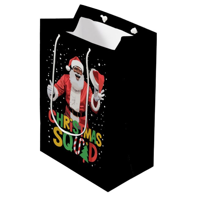 Santa Christmas Squad Black African American Medium Gift Bag (Front Angled)