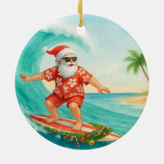 Santa Christmas Surfer Surfing on Big Wave Ceramic Tree Decoration (Back)