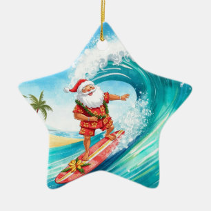 Santa Christmas Surfer Surfing on Big Wave Ceramic Tree Decoration