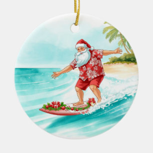 Santa Christmas Surfer Surfing on Big Wave Ceramic Tree Decoration