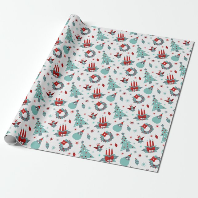 Santa Christmas Tree Snowflake Pattern Red  Wrapping Paper (Unrolled)