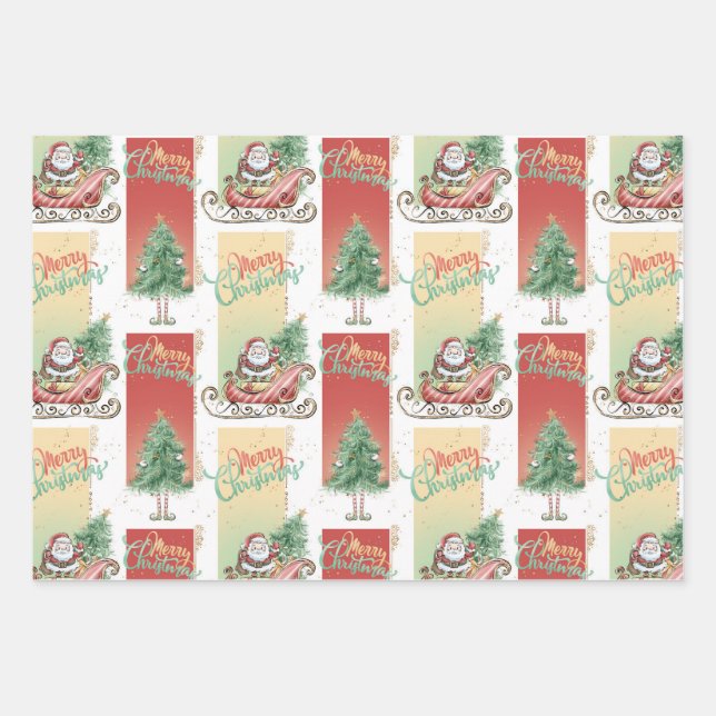 Santa Christmas Tree  Wrapping Paper Sheet (Front)