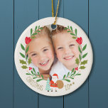 Santa Christmas Wreath Photo Ceramic Tree Decoration<br><div class="desc">Front side with wreath and cute santa  - backside with Cute christmas pattern design on backside  with hand drawn nature symbols snowmen,  reindeer,  holly,  snow, </div>