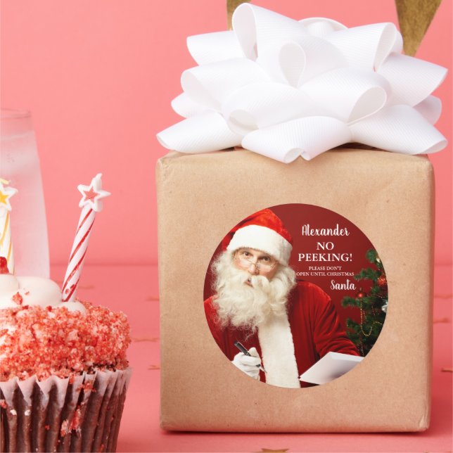 Santa Claus ADD NAME No Peeking Round Classic Round Sticker (Party)