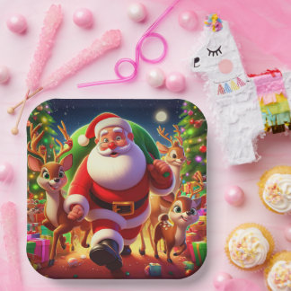 Santa Claus and 2 reindeer illustration Paper Plate