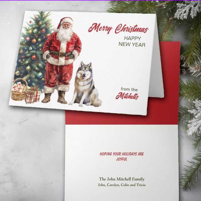 Santa Claus and Alaskan Malamute Dog Christmas Holiday Card (Creator Uploaded)