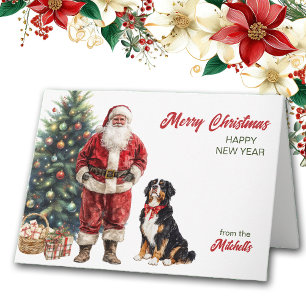 Santa Claus and Bernese Mountain Dog Christmas Holiday Card
