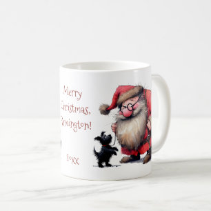 Santa Claus and Black Puppy with Name, Red Text Coffee Mug