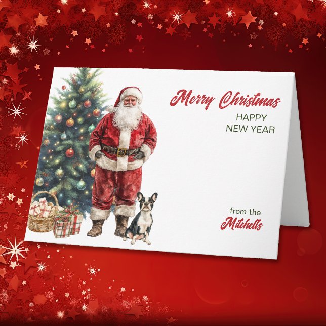 Santa Claus and Boston Terrier Dog Christmas Holiday Card (Creator Uploaded)