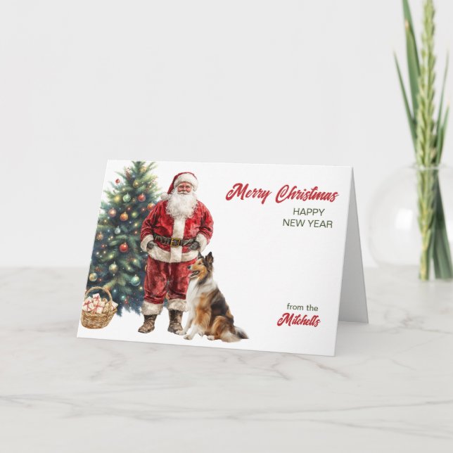 Santa Claus and Collie Dog Christmas Holiday Card (Front)