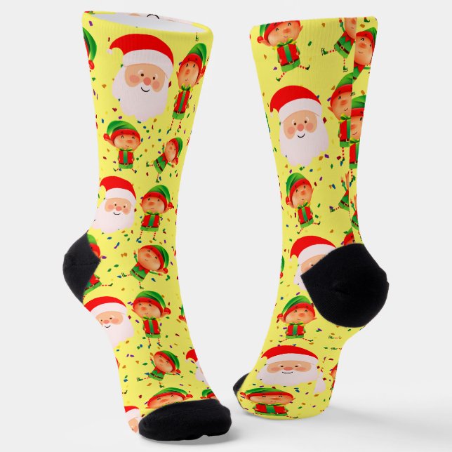 Santa Claus and Elf Christmas Holiday Cute Festive Socks (Angled)