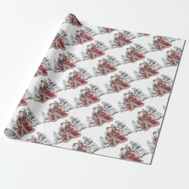 Santa Claus and Fawns Wrapping Paper (Unrolled)