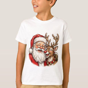 Santa Claus and Festive Reindeer Merry Christmas T-Shirt
