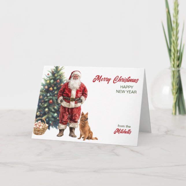 Santa Claus and Finnish Spitz Dog Christmas Holiday Card (Front)