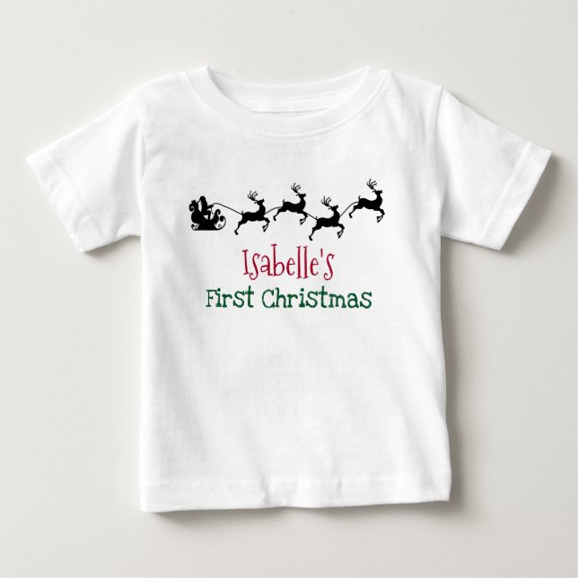 Santa Claus and Flying Reindeer First Christmas Baby T-Shirt (Front)