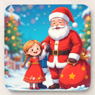 Santa Claus and Girl with a Gift Bag Coaster