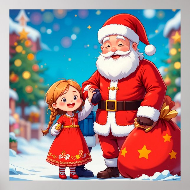 Santa Claus and Girl with a Gift Bag Poster (Front)