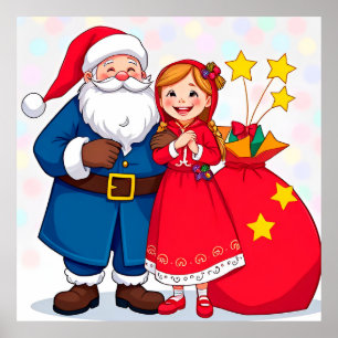 Santa Claus and Girl with a Gift Bag Poster