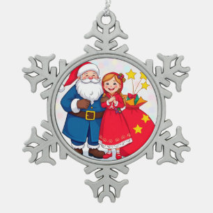Santa Claus and Girl with a Gift Bag Snowflake Pewter Christmas Ornament