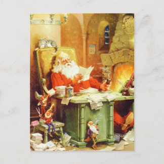Santa Claus and His Elves Check His List Holiday Postcard