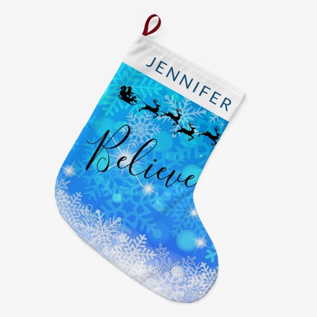Santa Claus and his Flying Reindeer - Believe Large Christmas Stocking (Front (Hanging))